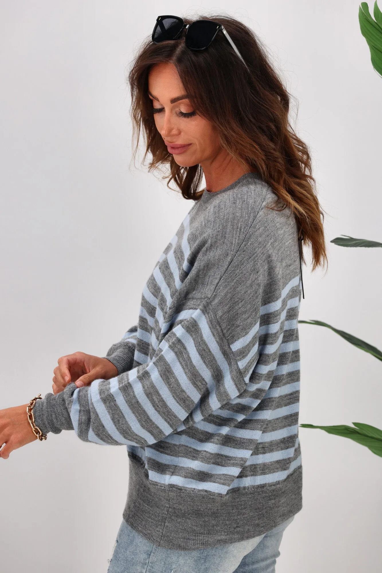 Alpine by Shine On Georgia Striped Merino Batwing Top Grey Marle Blue
