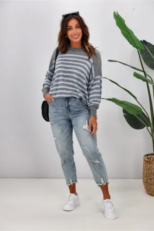 Alpine by Shine On Georgia Striped Merino Batwing Top Grey Marle Blue