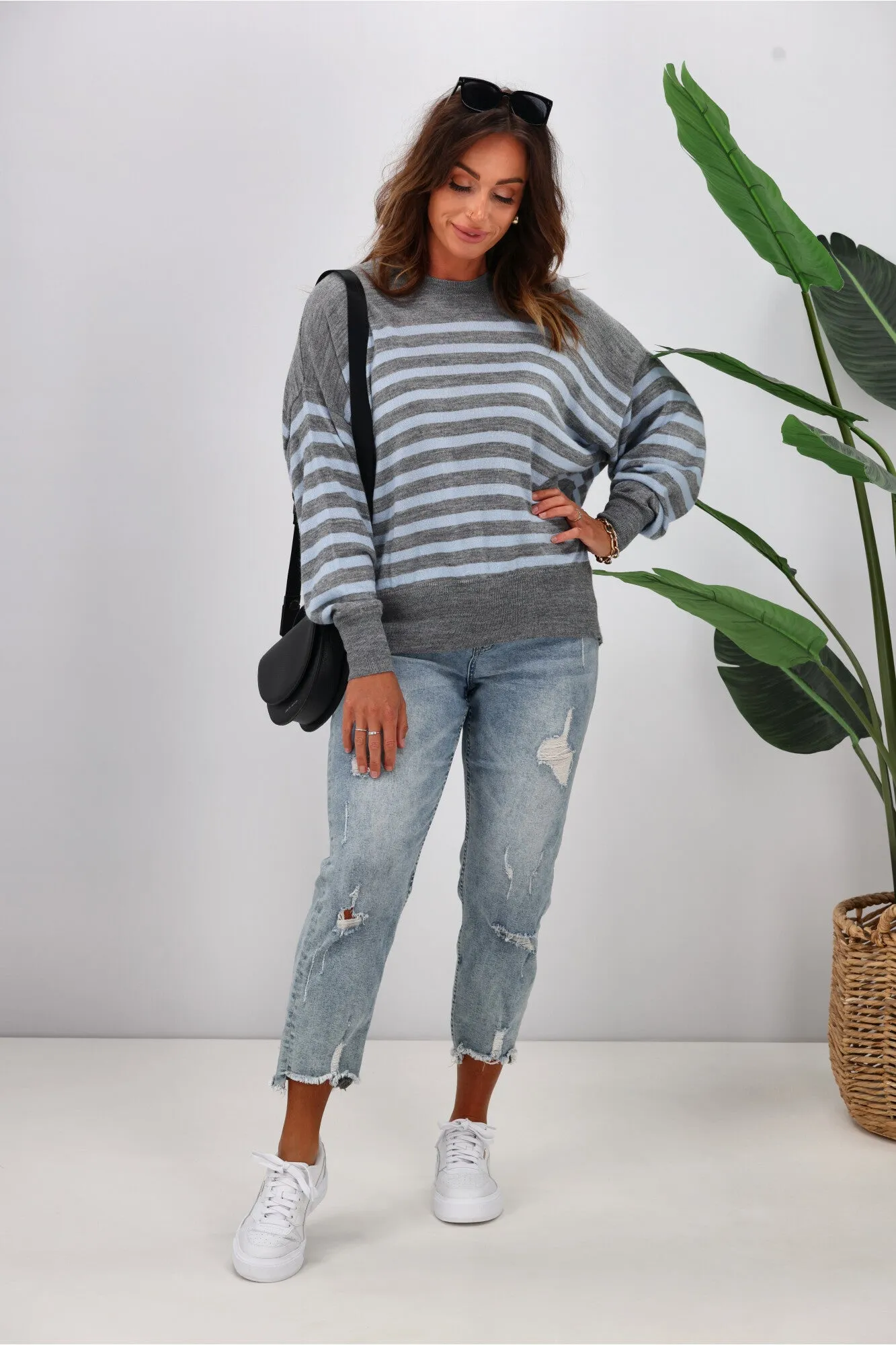 Alpine by Shine On Georgia Striped Merino Batwing Top Grey Marle Blue