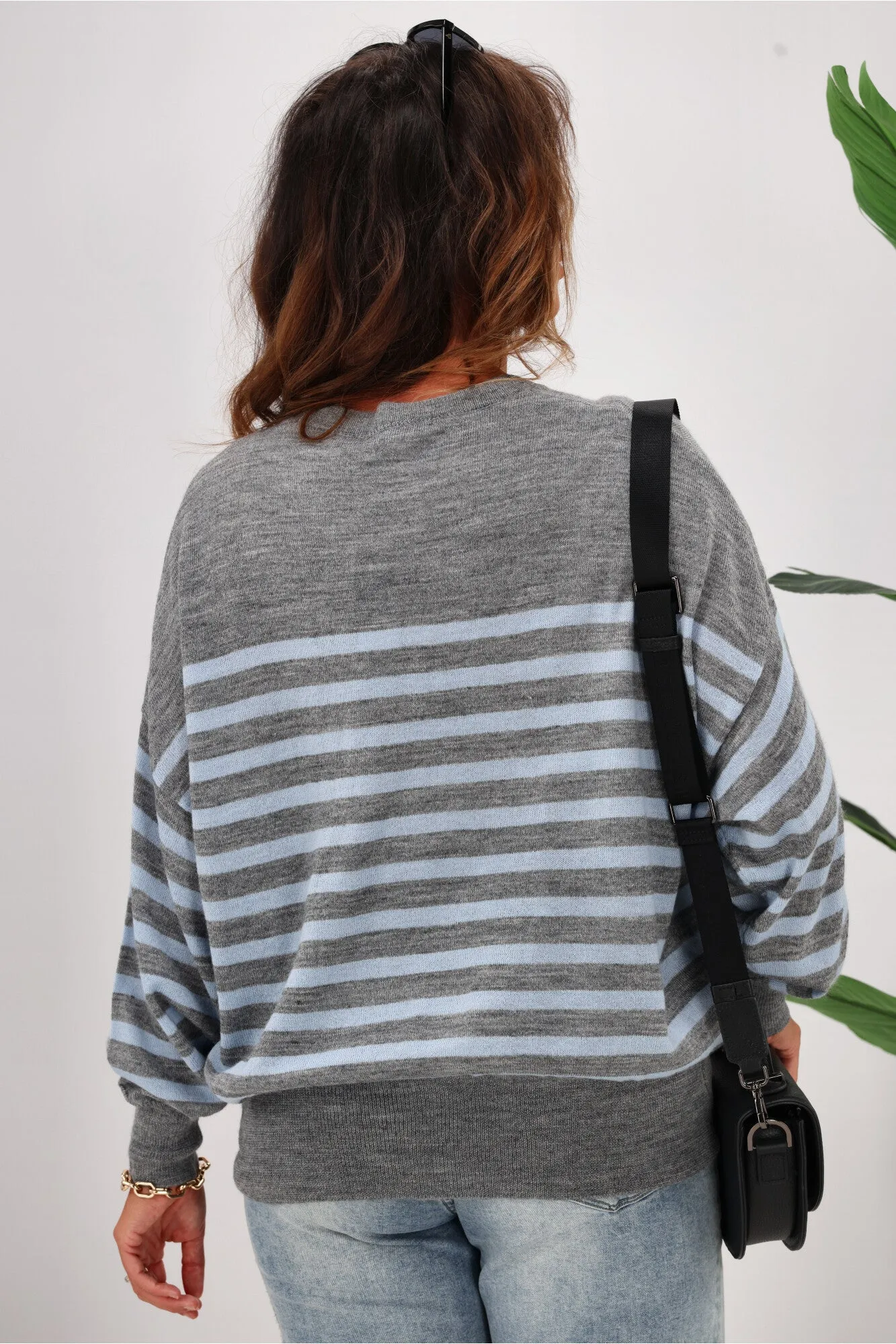 Alpine by Shine On Georgia Striped Merino Batwing Top Grey Marle Blue