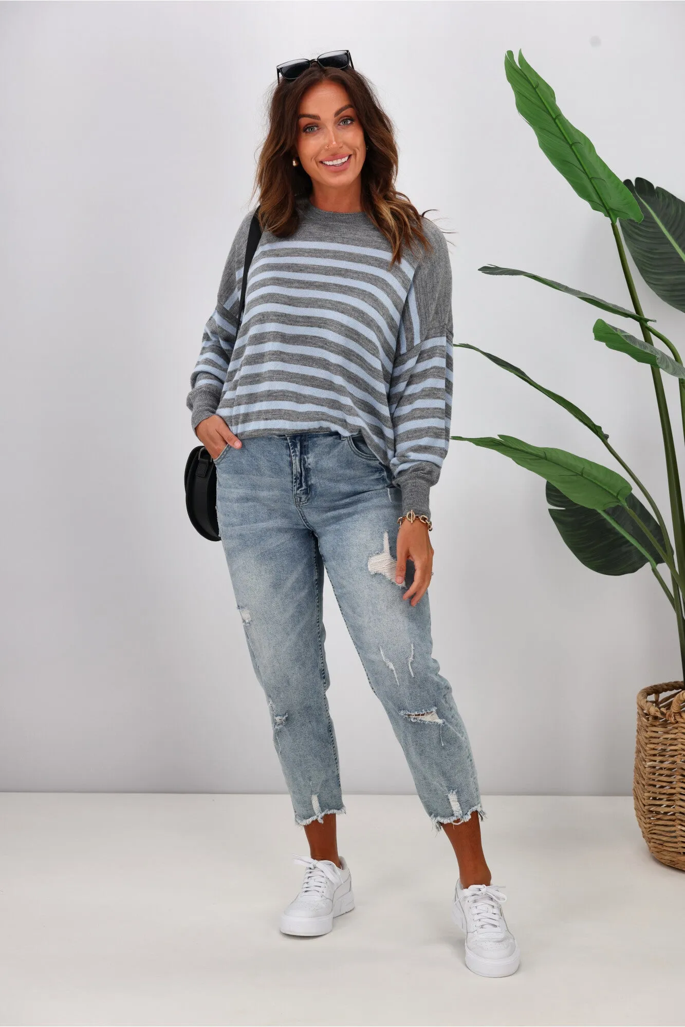 Alpine by Shine On Georgia Striped Merino Batwing Top Grey Marle Blue