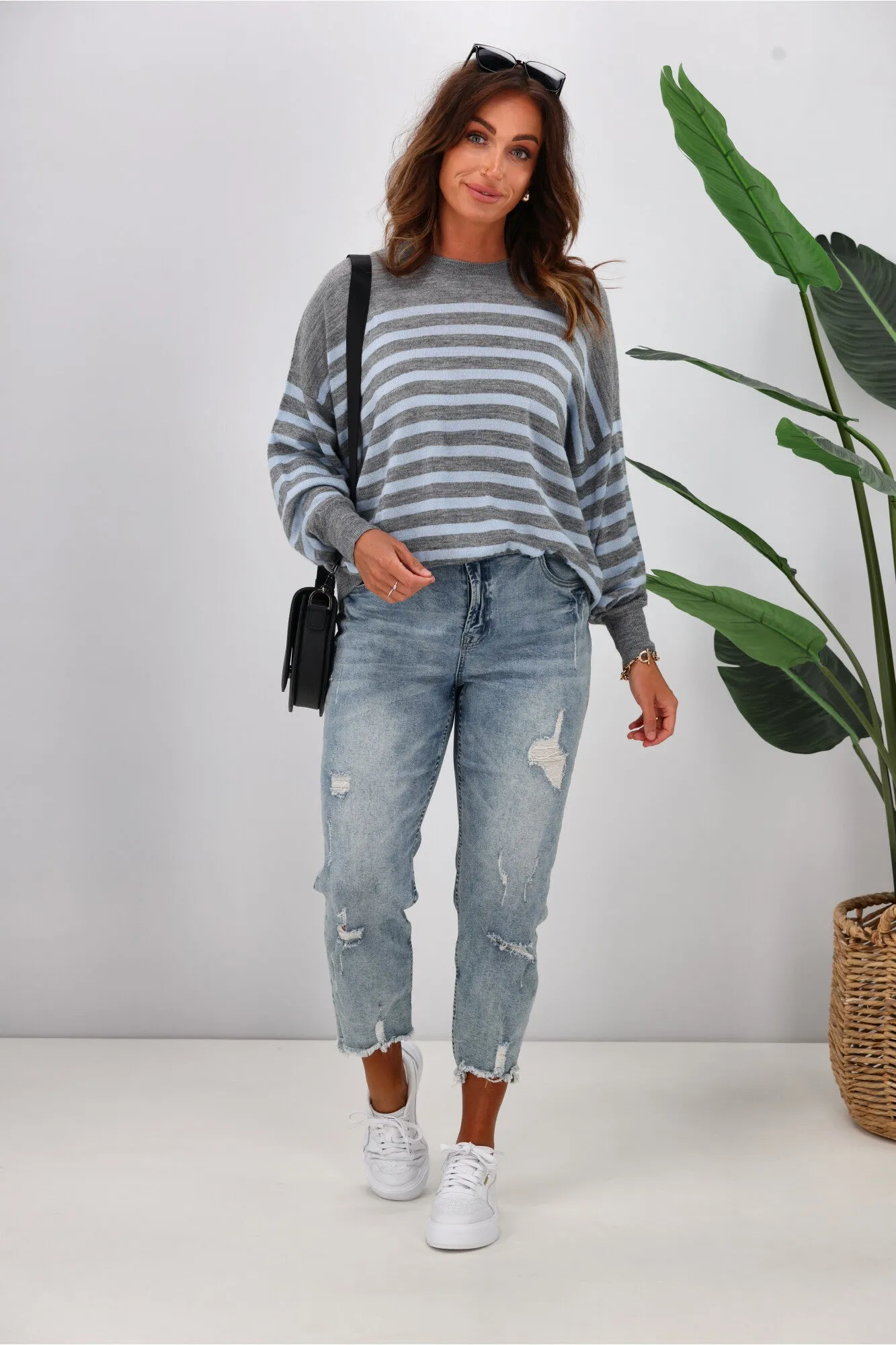 Alpine by Shine On Georgia Striped Merino Batwing Top Grey Marle Blue
