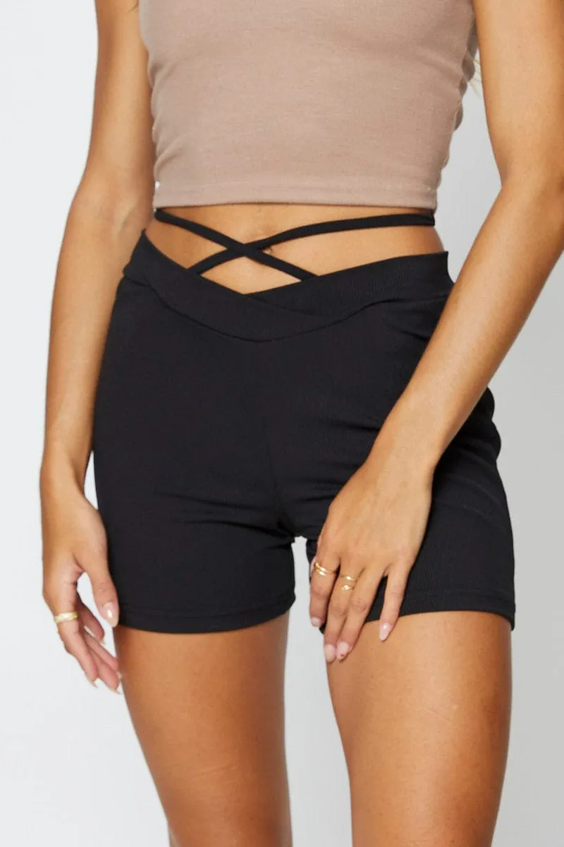 Black Biker Shorts High Rise Waist Tie