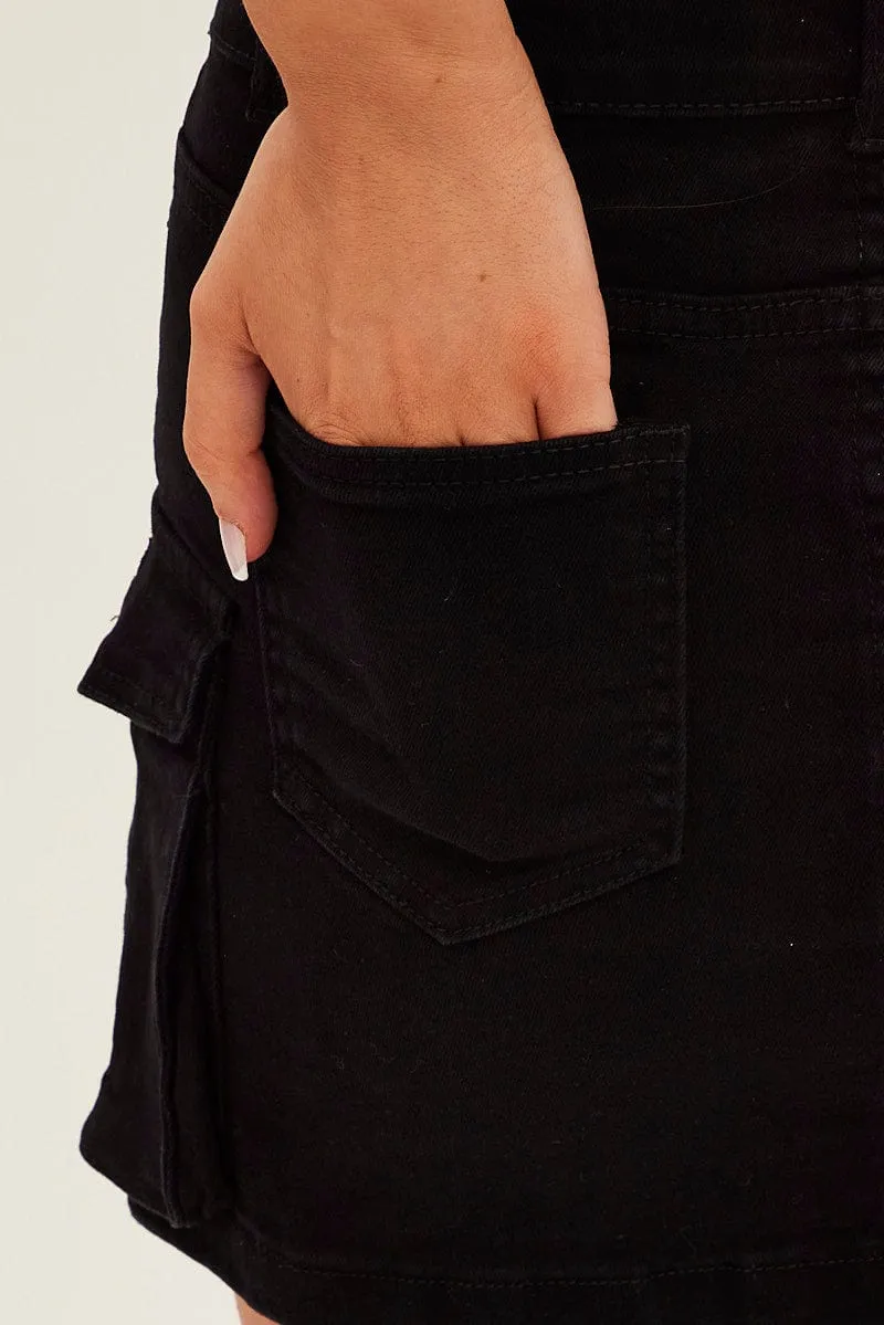 Black Cargo Utility Denim Mini Skirt