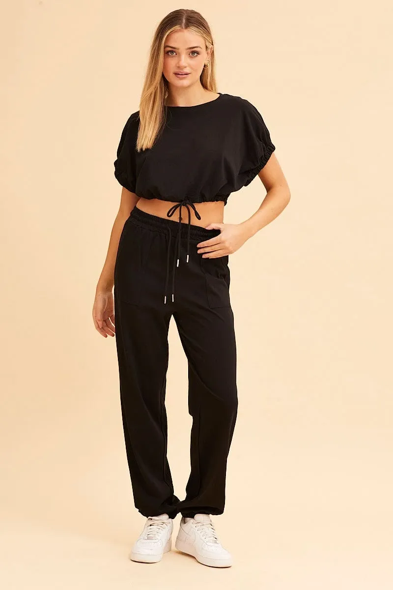 Black Crop Top Short Sleeve Relaxed Fit Elastic Detail
