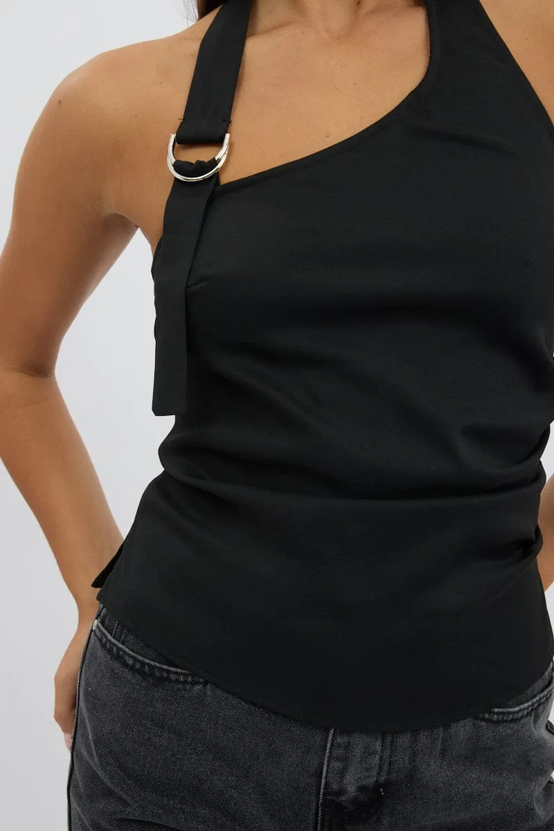 Black Gathered Asymmetric Top Sleeveless Buckle Detail