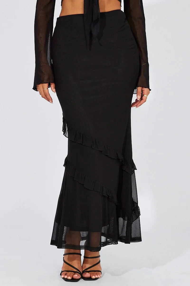 Black Maxi Skirt Mesh Asymmetric Ruffle