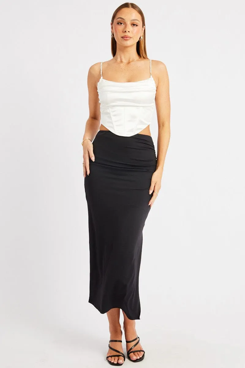 Black Midaxi Skirt High Rise Ruched Lined Supersoft