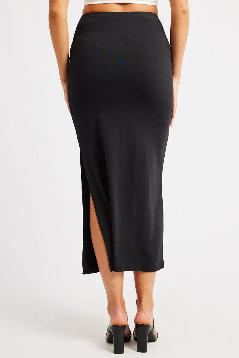Black Midaxi Skirt High Rise Ruched Lined Supersoft
