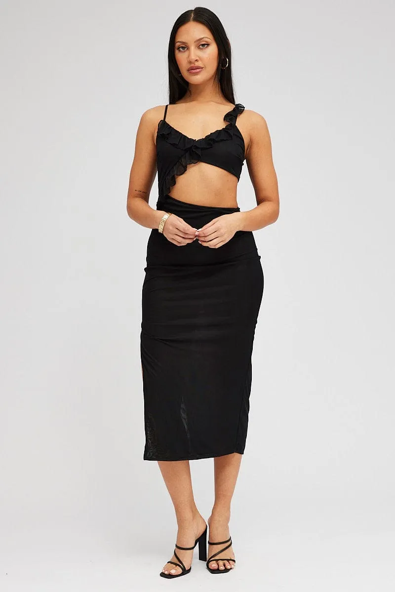 Black Midi Dress Asymmetric Ruffle Cut Out
