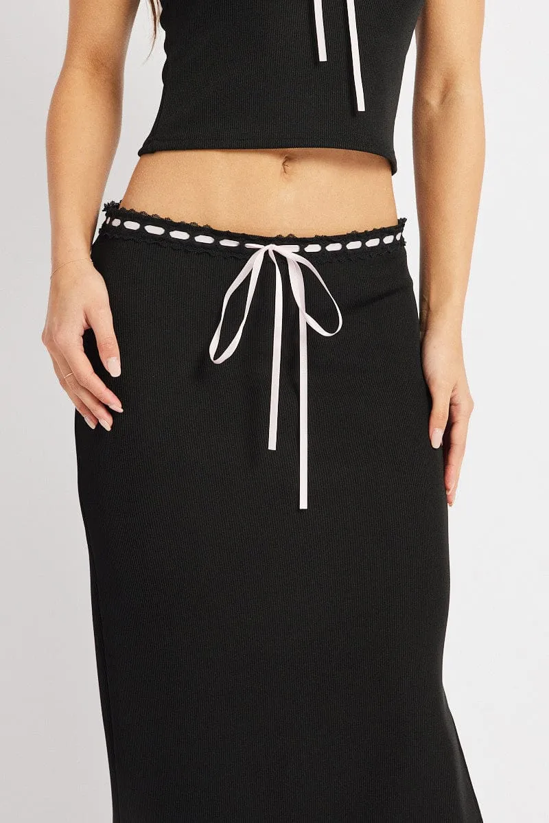 Black Midi Skirt High Rise Lace Detail Rib Jersey