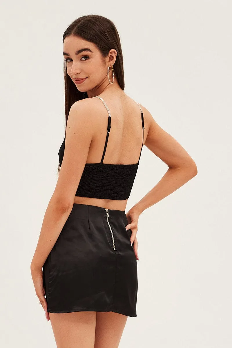 Black Mini Skirt High Waisted Side Slit Party Satin