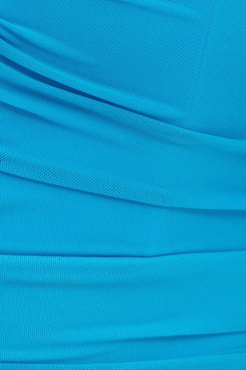 Blue Bodysuit Short Sleeve V Notched Front Mesh Jersey