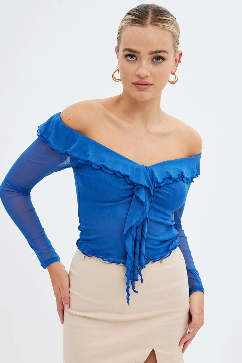 Blue Mesh Top Long Sleeve Off Shoulder Frill Lined