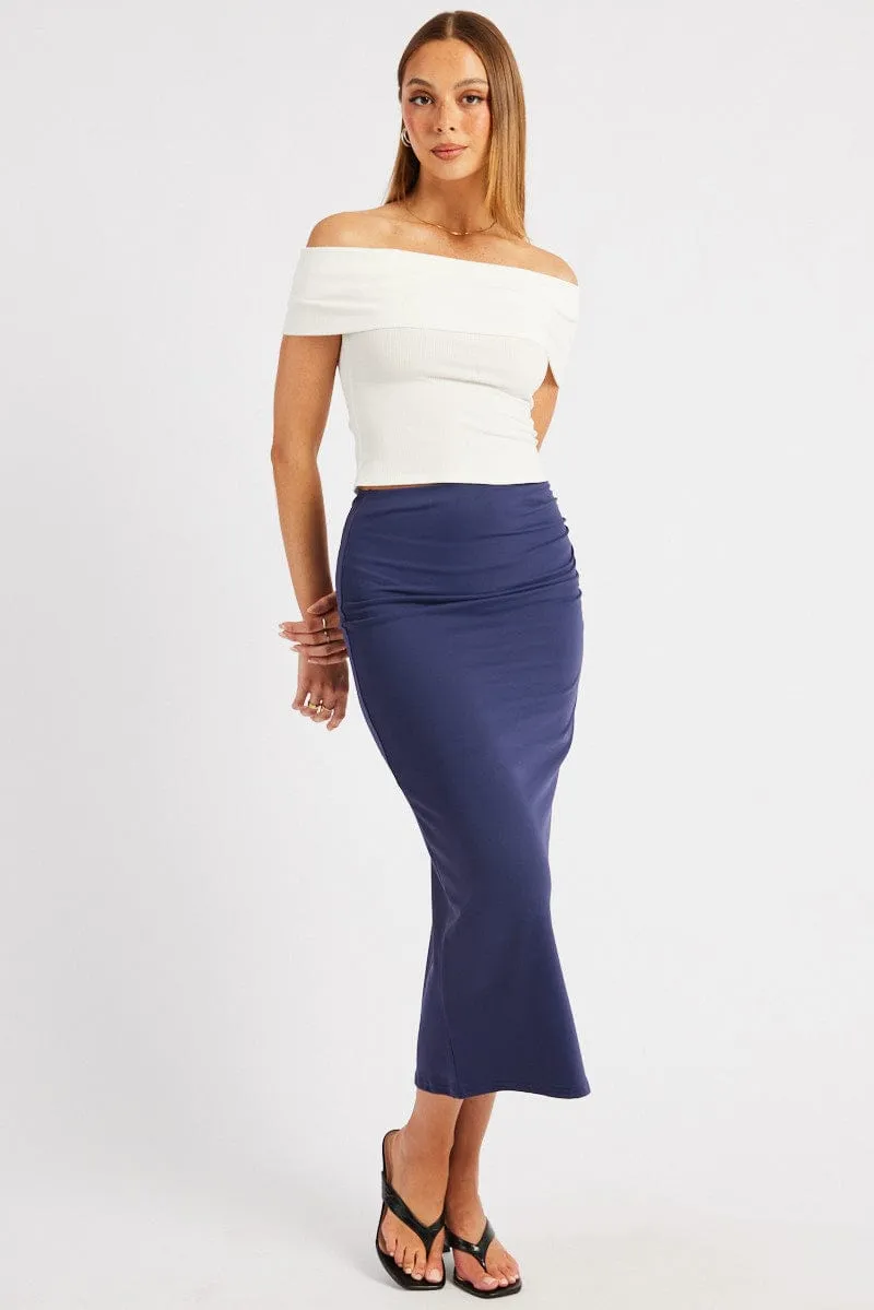 Blue Midaxi Skirt High Rise Ruched Lined Supersoft