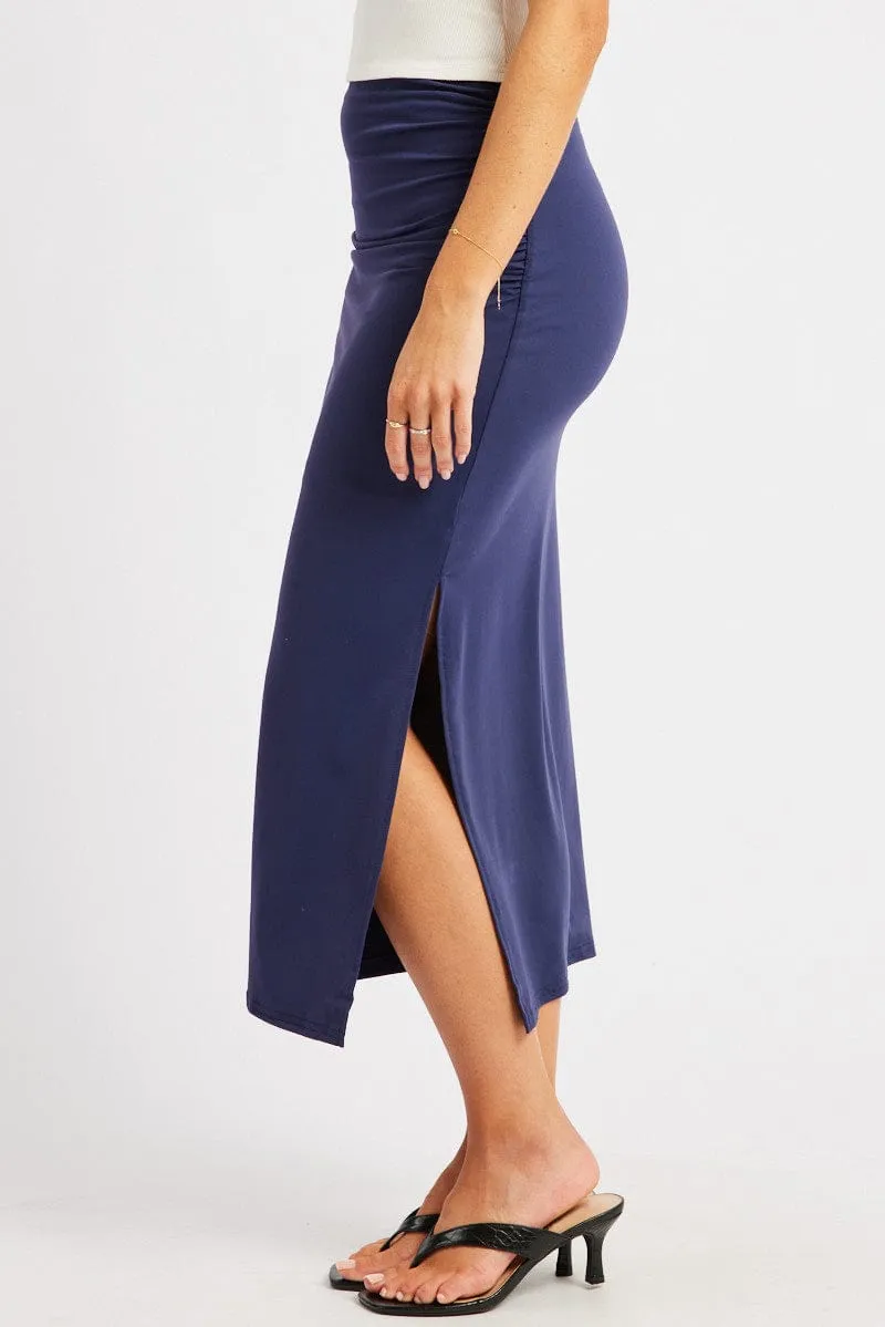 Blue Midaxi Skirt High Rise Ruched Lined Supersoft
