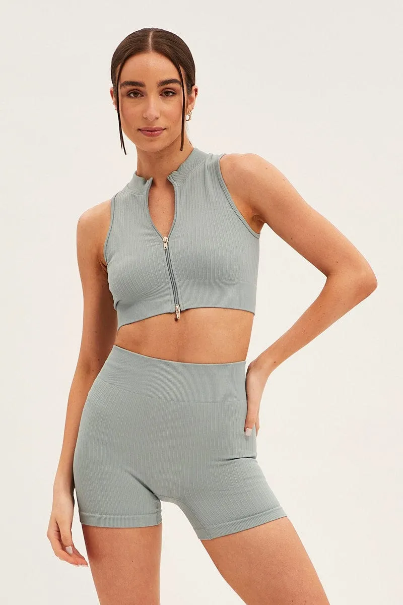 Blue Seamless Zip Top And Bike Shorts Activewear Set