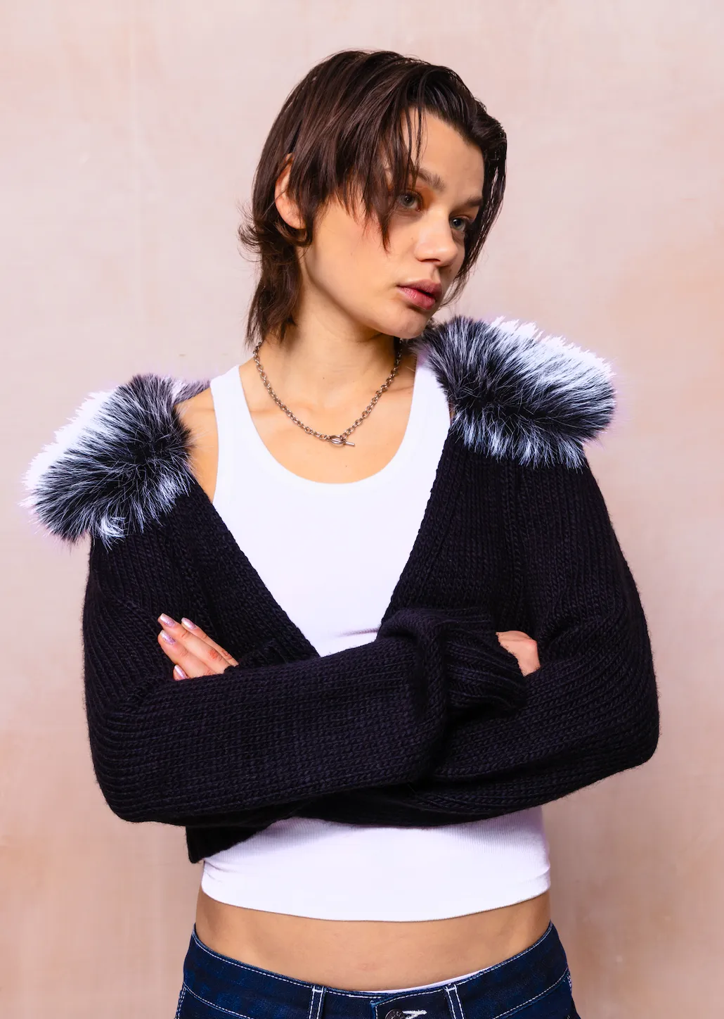 Boss Fur Collar Knit Cardigan