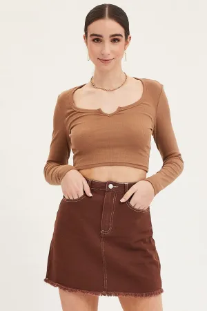 Brown Mini Skirt High Rise Fray Hem