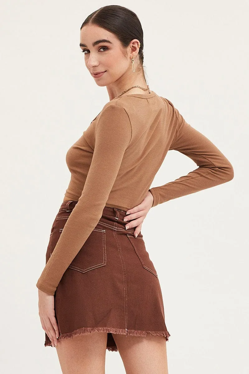 Brown Mini Skirt High Rise Fray Hem