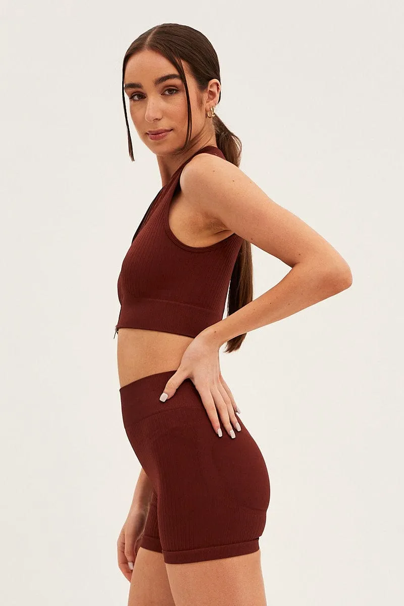 Brown Seamless Zip Top And Bike Shorts Activewear Set