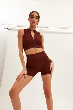 Brown Seamless Zip Top And Bike Shorts Activewear Set