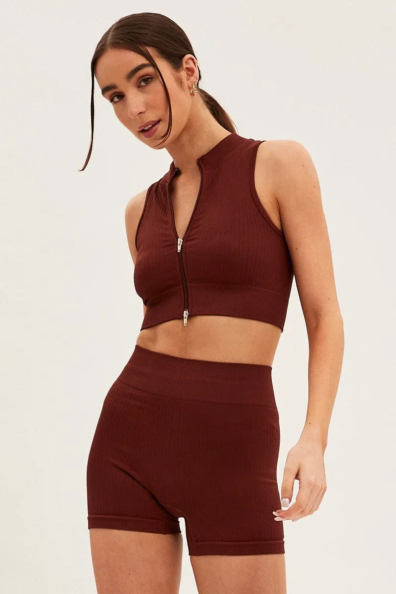 Brown Seamless Zip Top And Bike Shorts Activewear Set