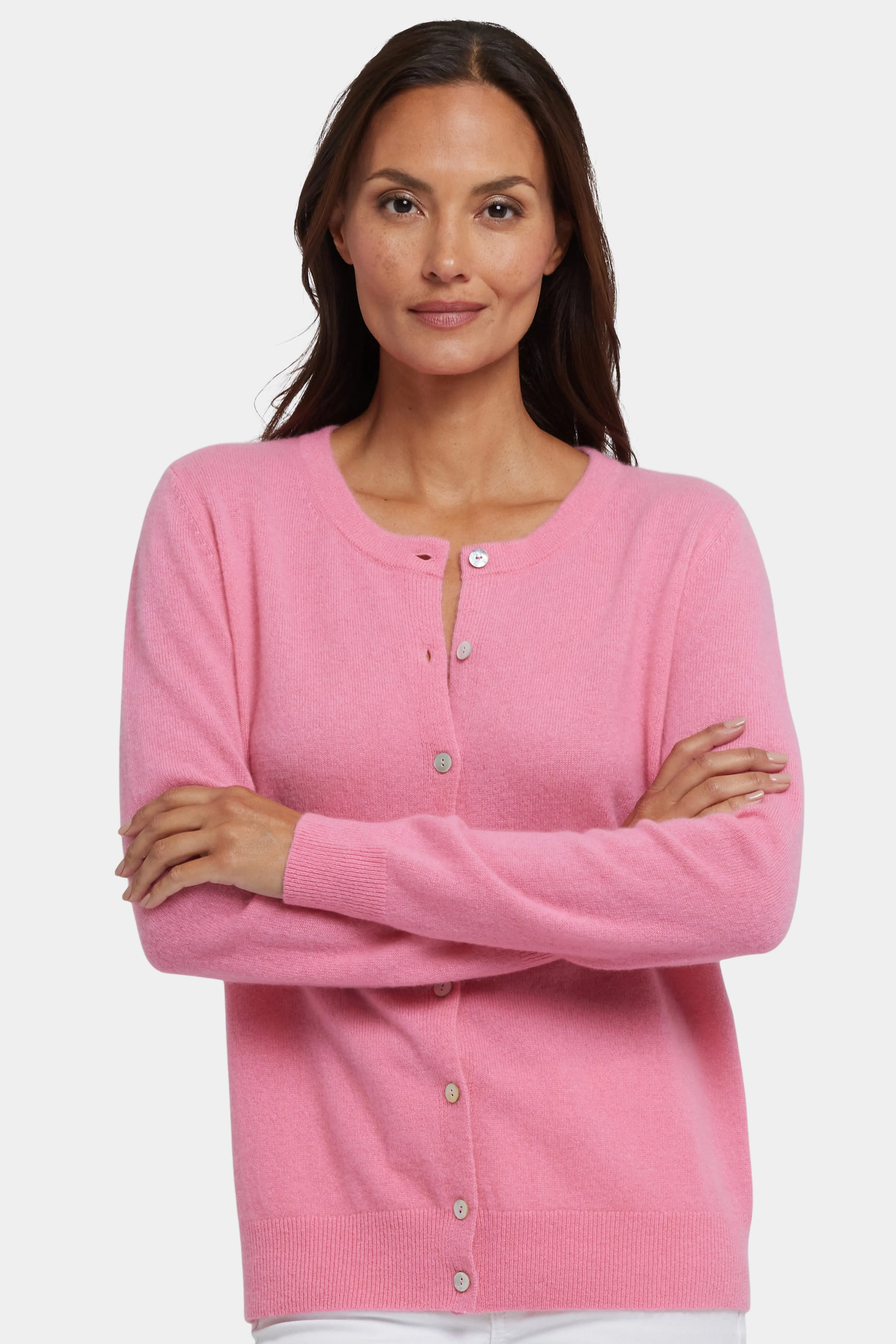 Cashmere Crewneck Cardigan - Heather Pink