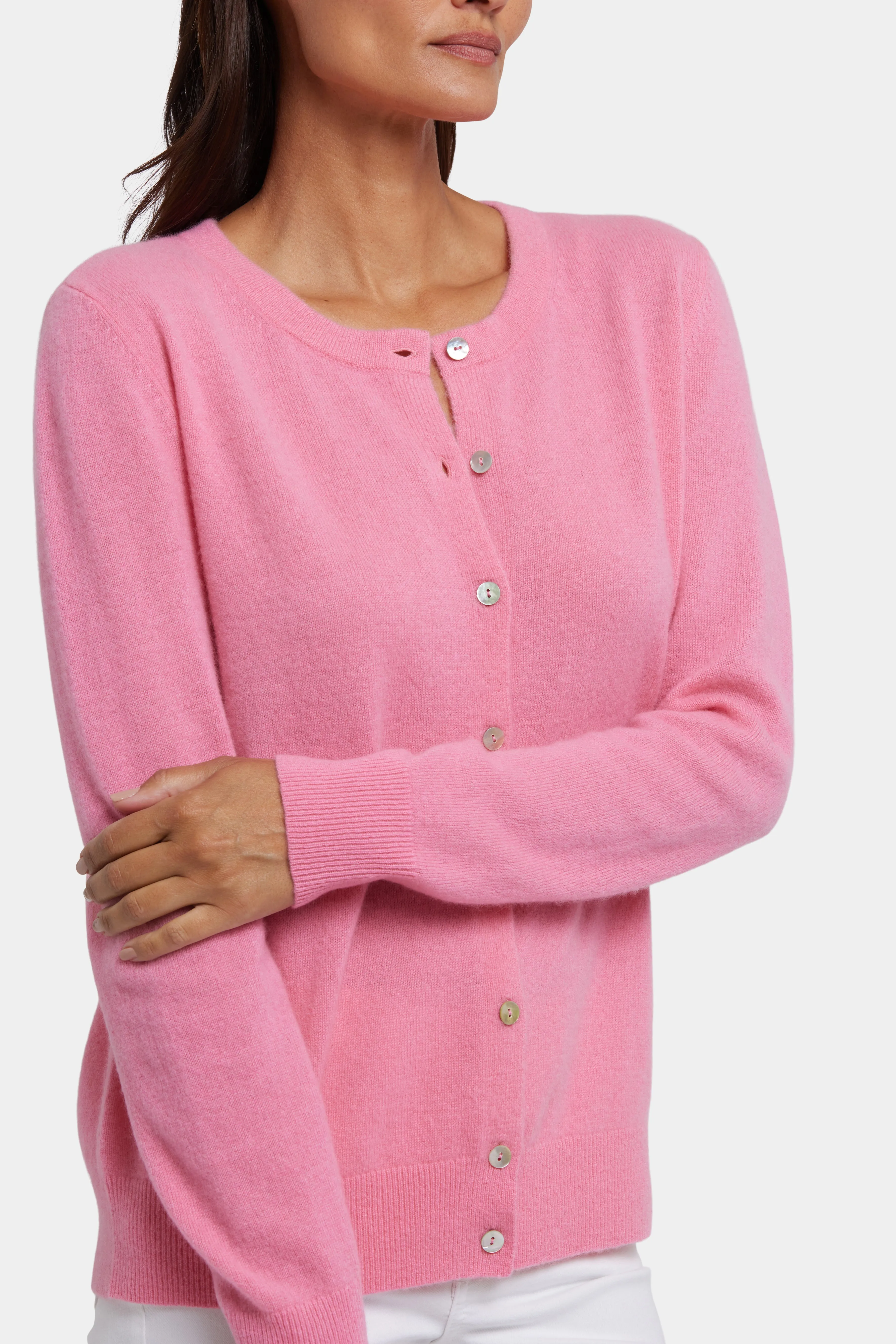 Cashmere Crewneck Cardigan - Heather Pink