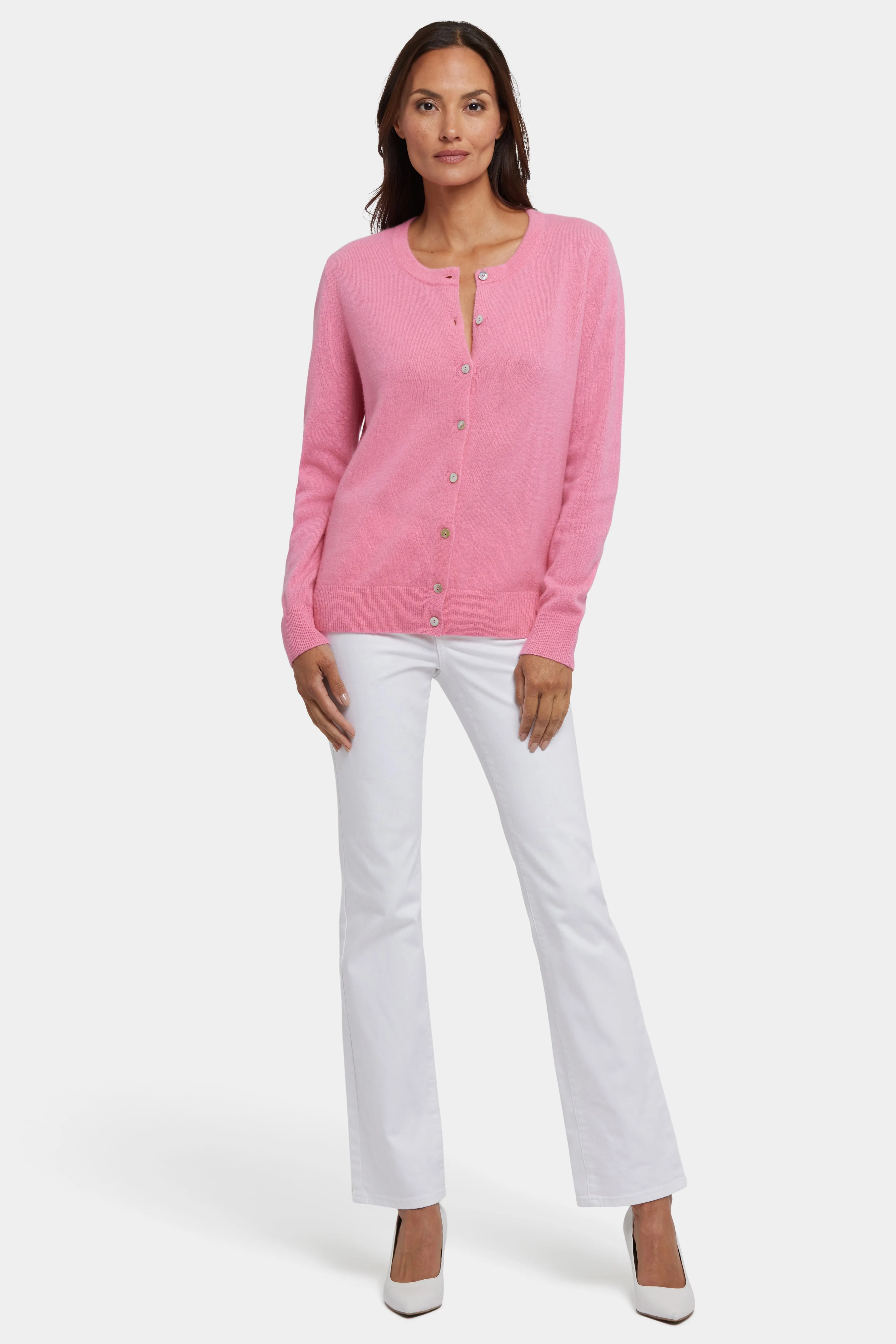 Cashmere Crewneck Cardigan - Heather Pink