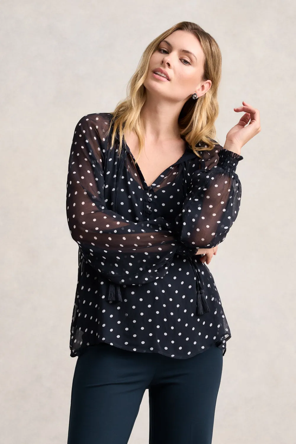 Crinkle Viscose Blouse - Deep Navy Spot