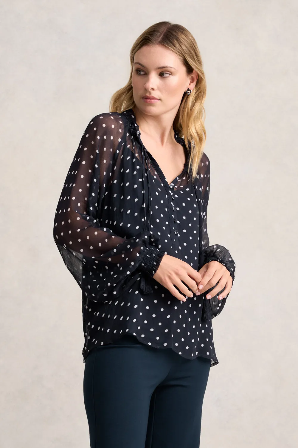 Crinkle Viscose Blouse - Deep Navy Spot