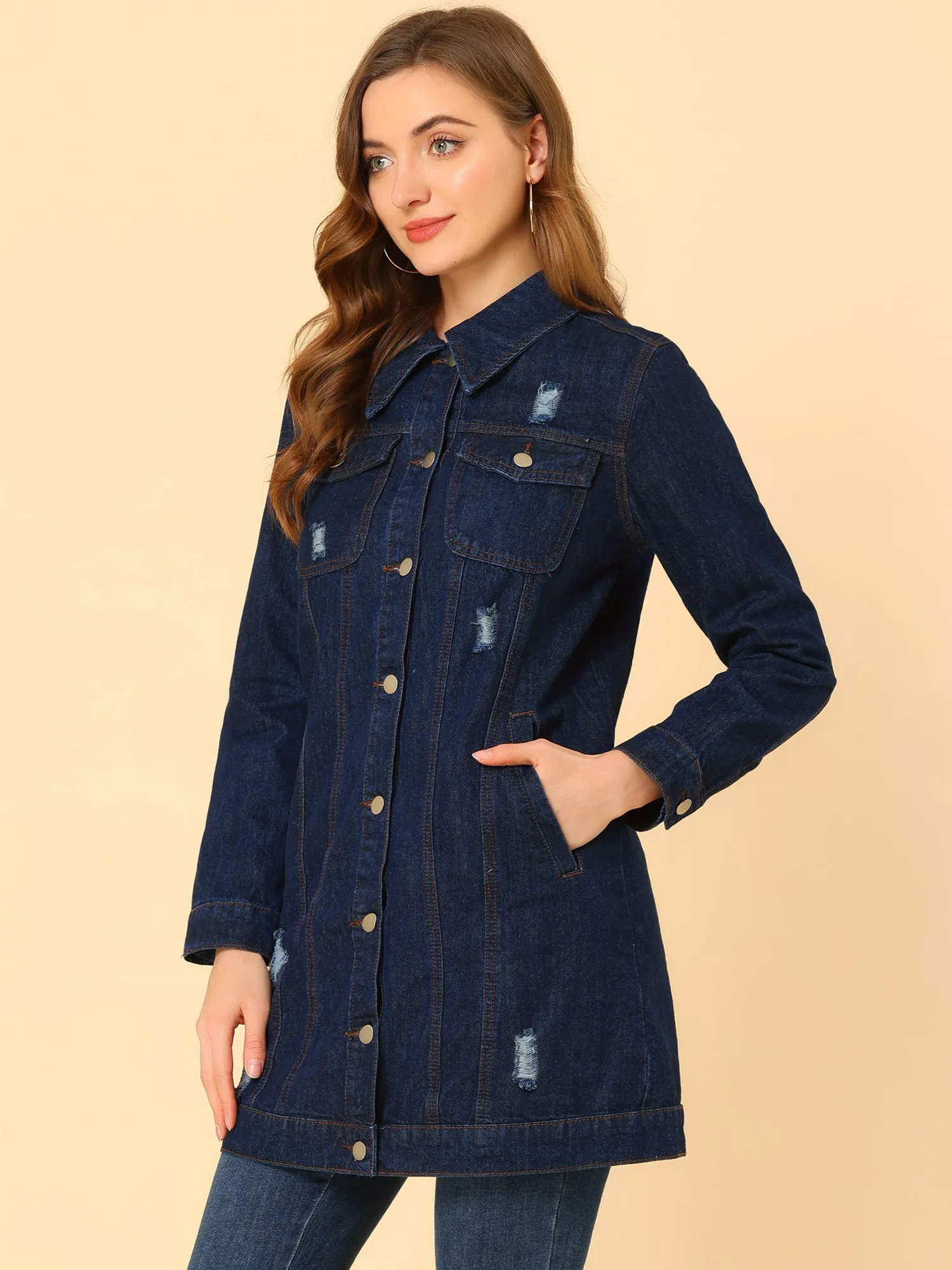 Distressed Long Sleeve Ripped Casual Denim Jacket