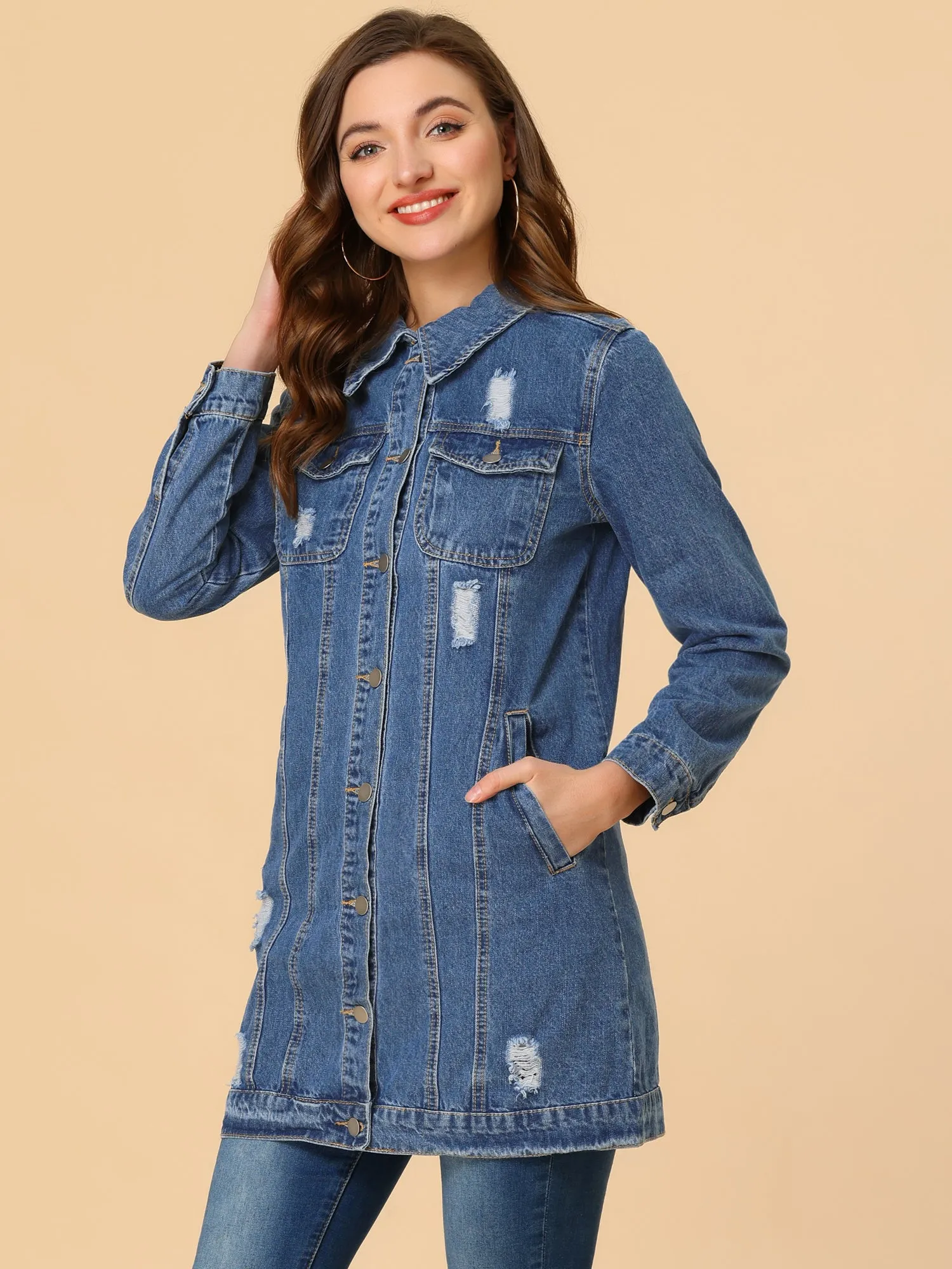 Distressed Long Sleeve Ripped Casual Denim Jacket
