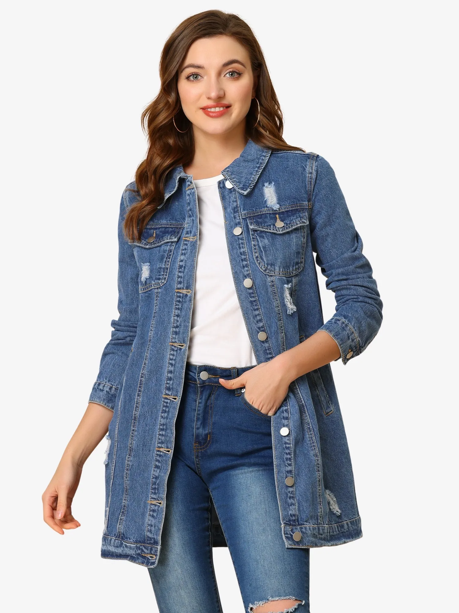 Distressed Long Sleeve Ripped Casual Denim Jacket