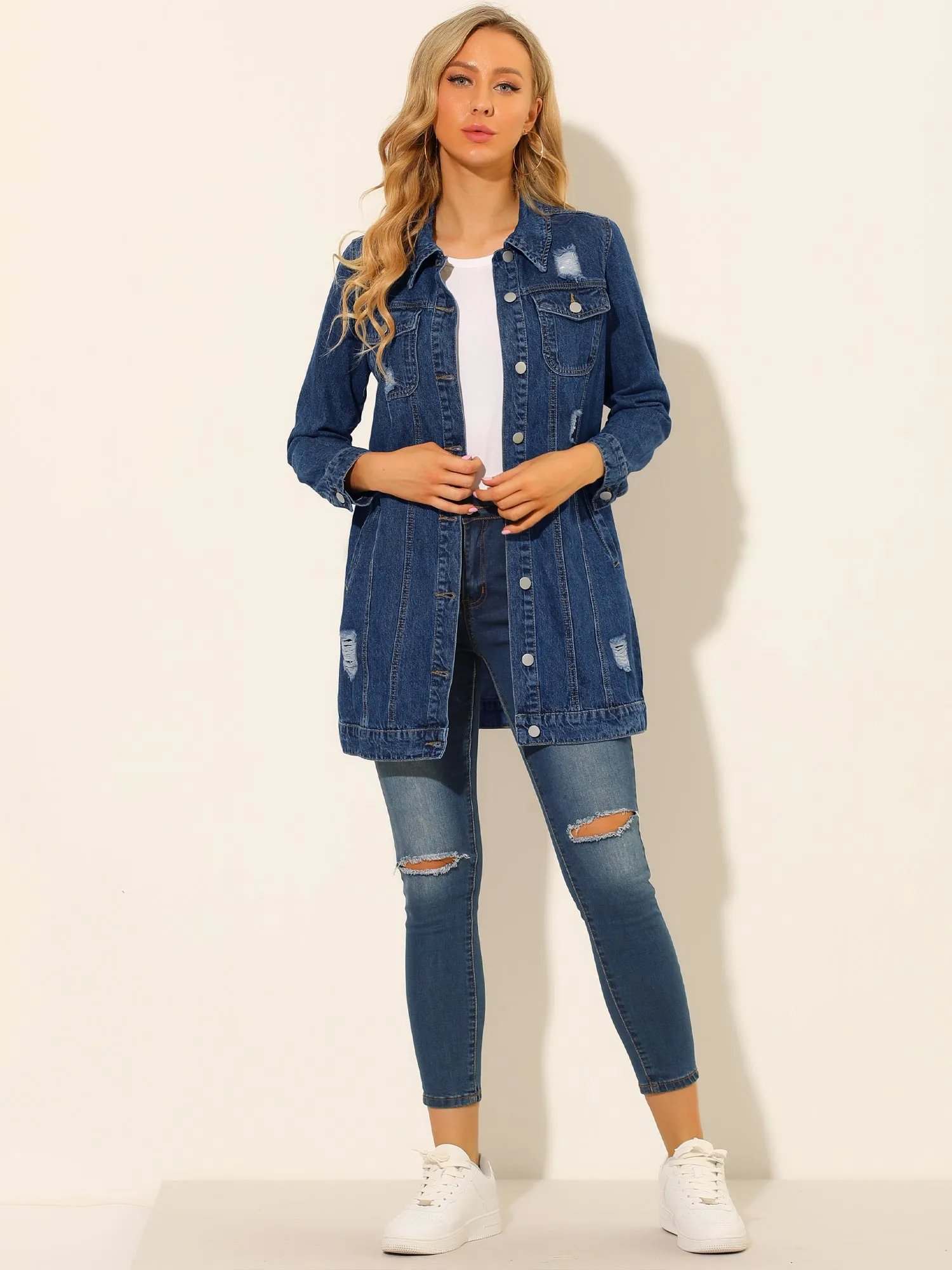 Distressed Long Sleeve Ripped Casual Denim Jacket