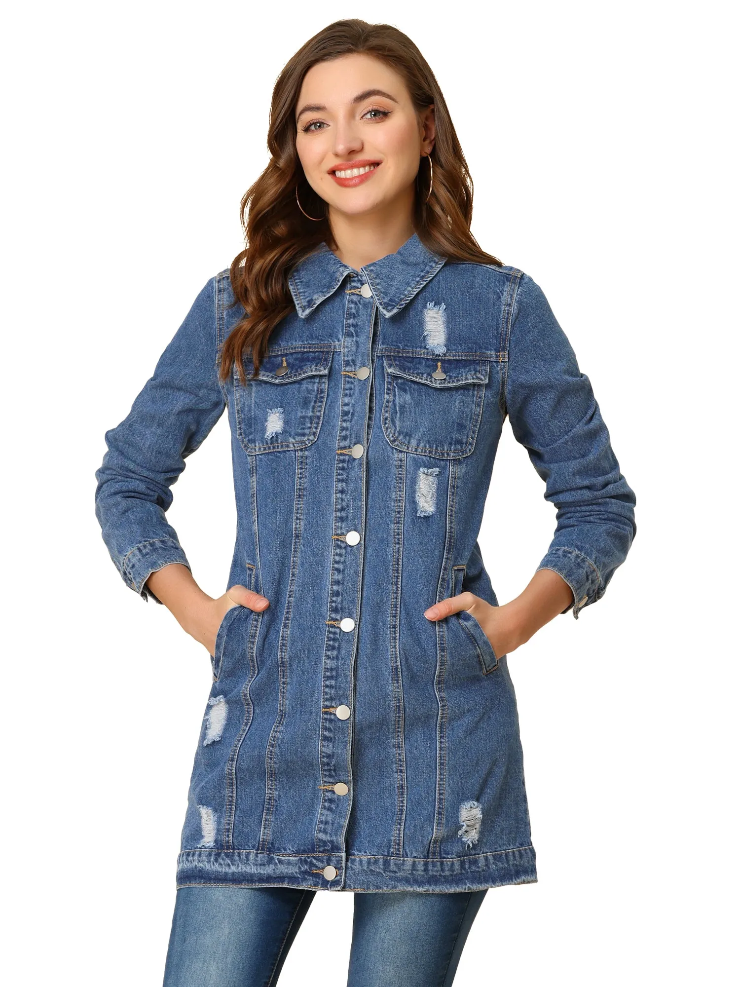 Distressed Long Sleeve Ripped Casual Denim Jacket