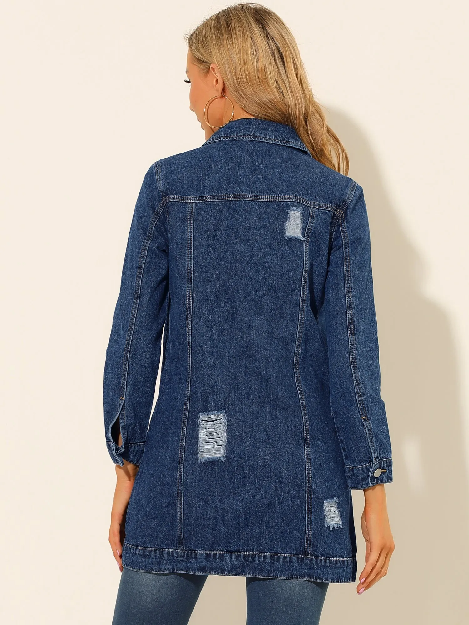 Distressed Long Sleeve Ripped Casual Denim Jacket