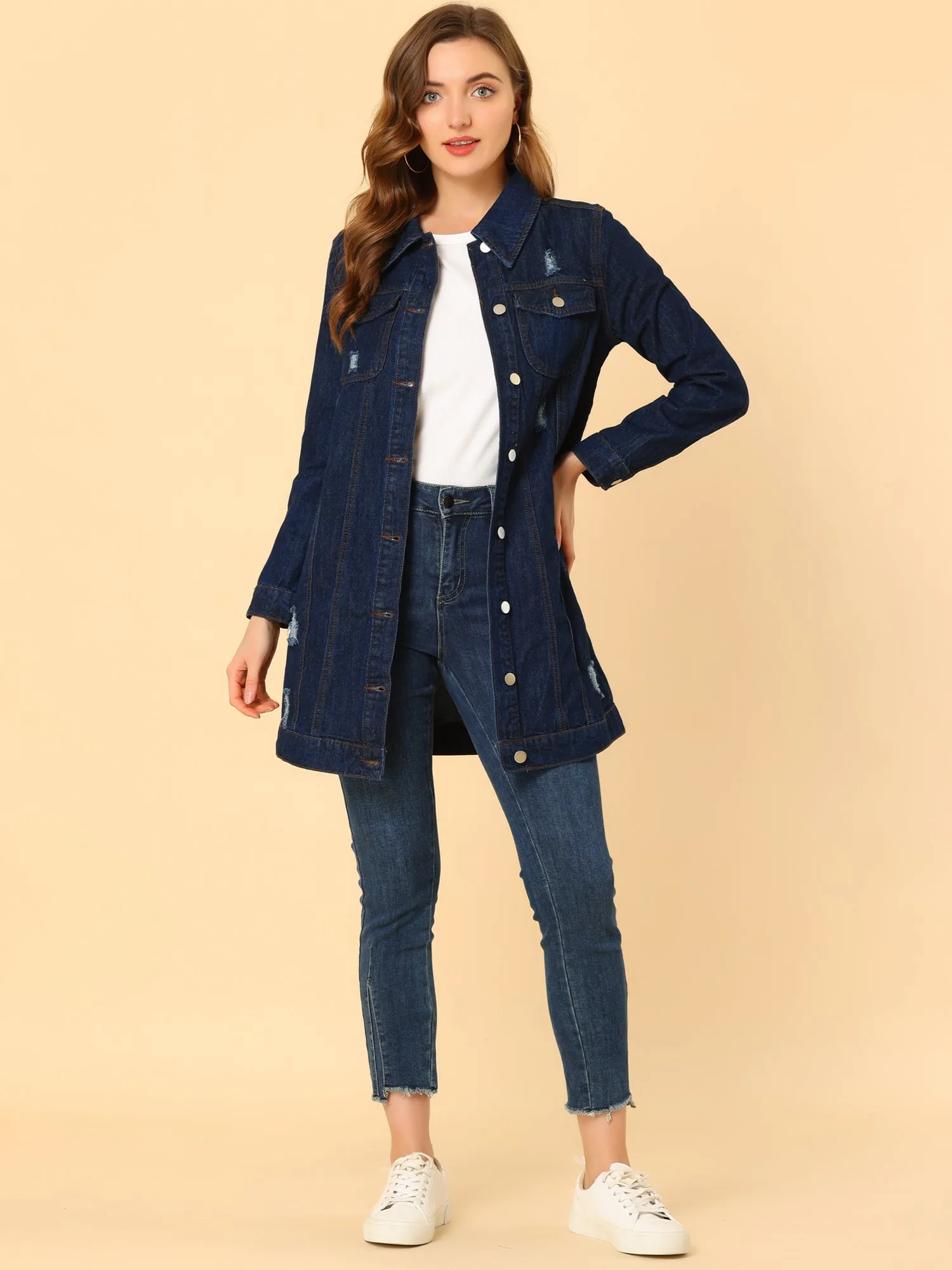Distressed Long Sleeve Ripped Casual Denim Jacket