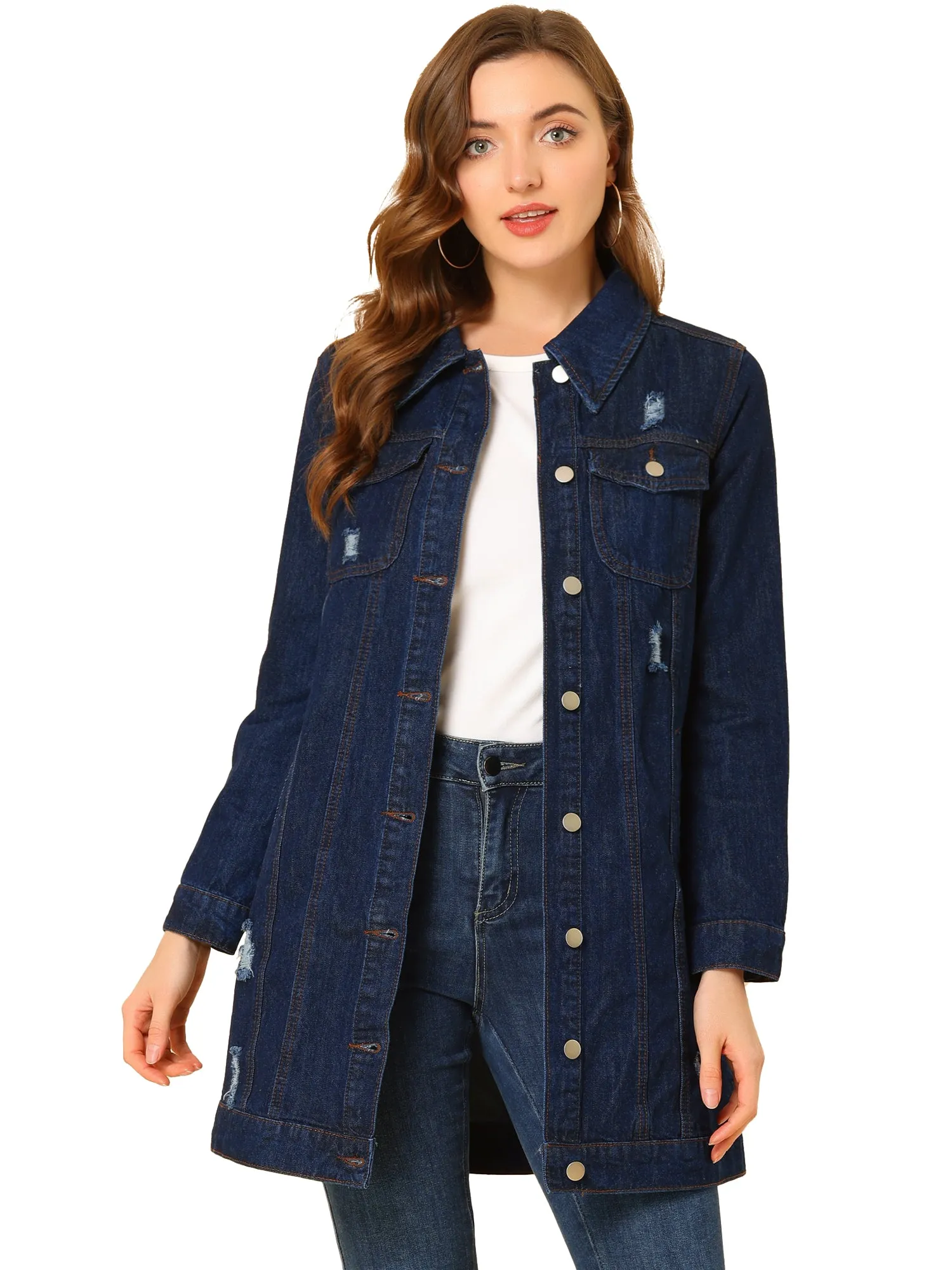 Distressed Long Sleeve Ripped Casual Denim Jacket