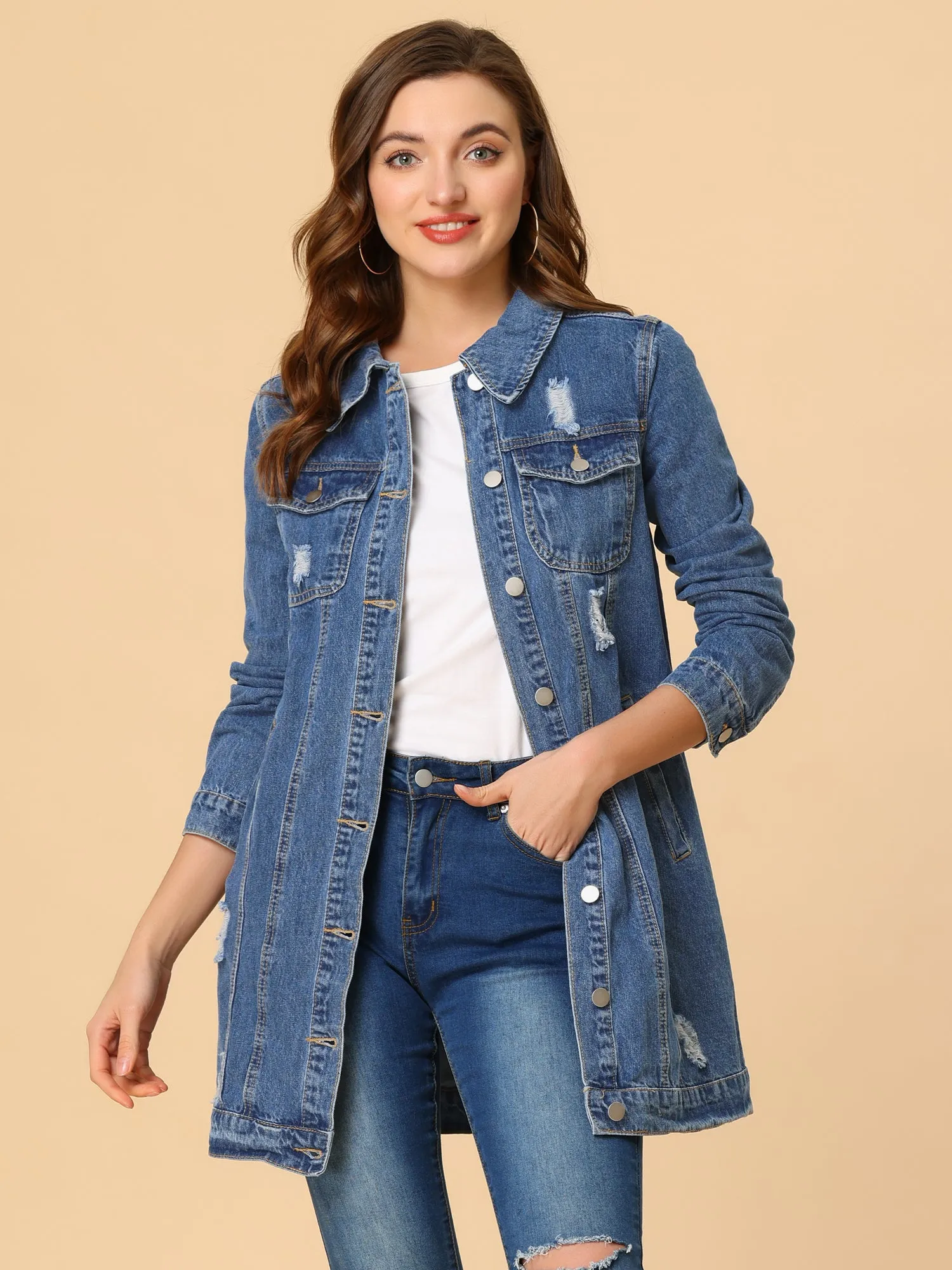 Distressed Long Sleeve Ripped Casual Denim Jacket