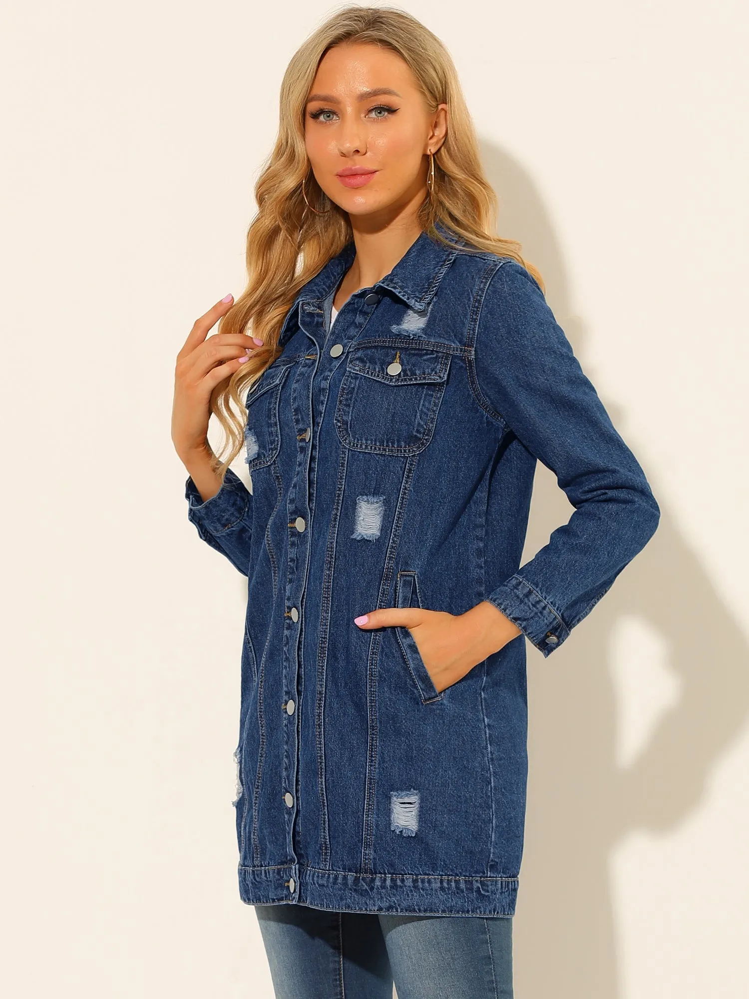 Distressed Long Sleeve Ripped Casual Denim Jacket