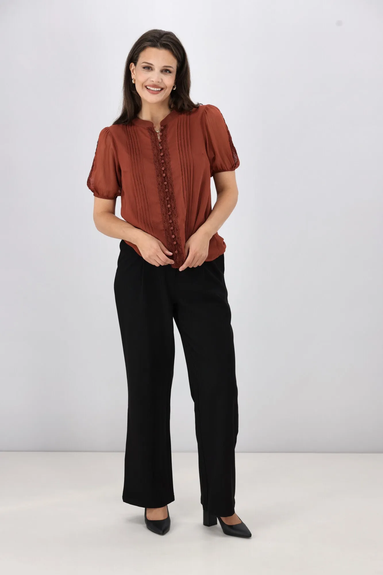 Gloss by Shine On Elin Lace Pin Tuck Blouse Coffee