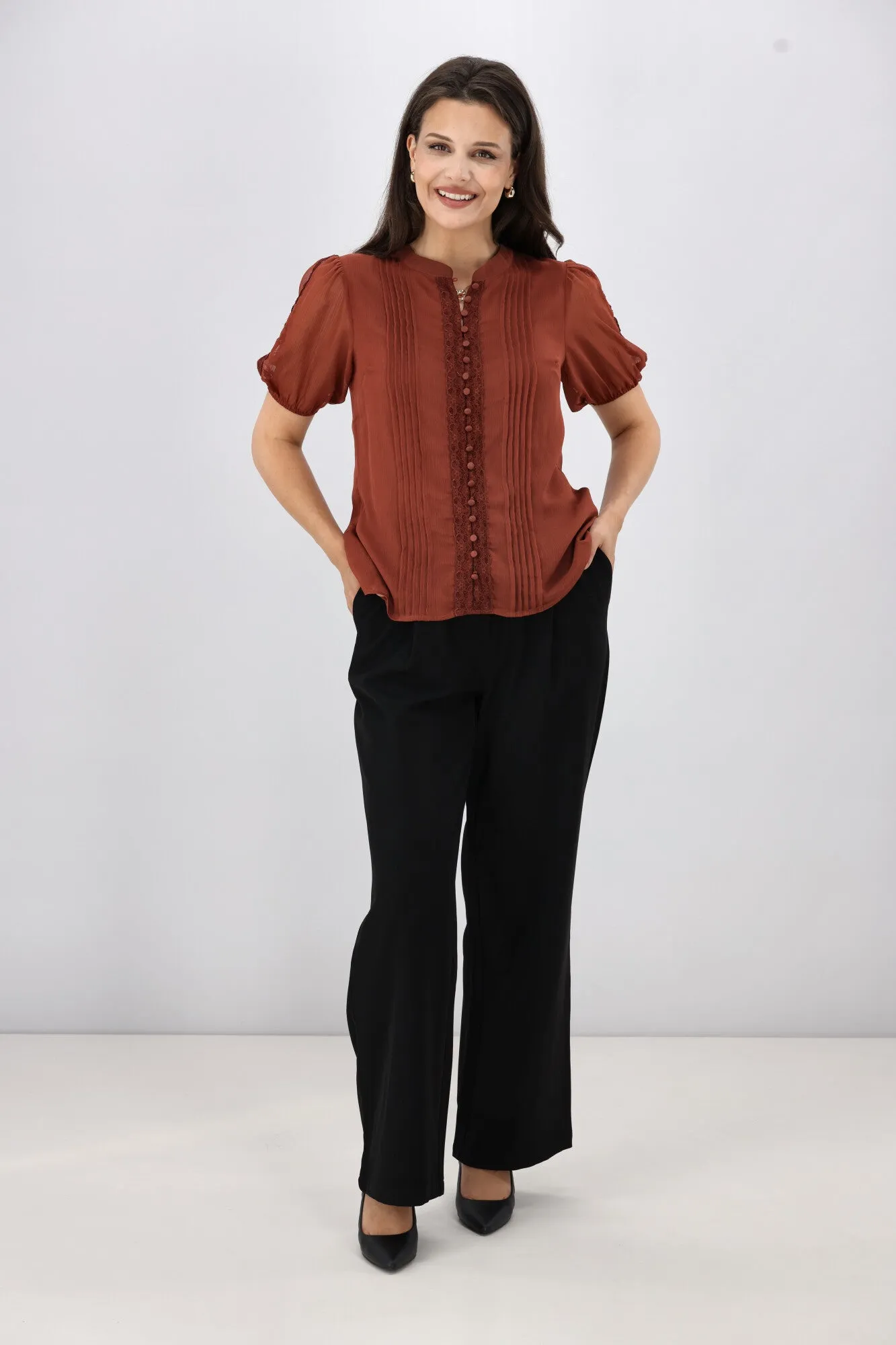 Gloss by Shine On Elin Lace Pin Tuck Blouse Coffee