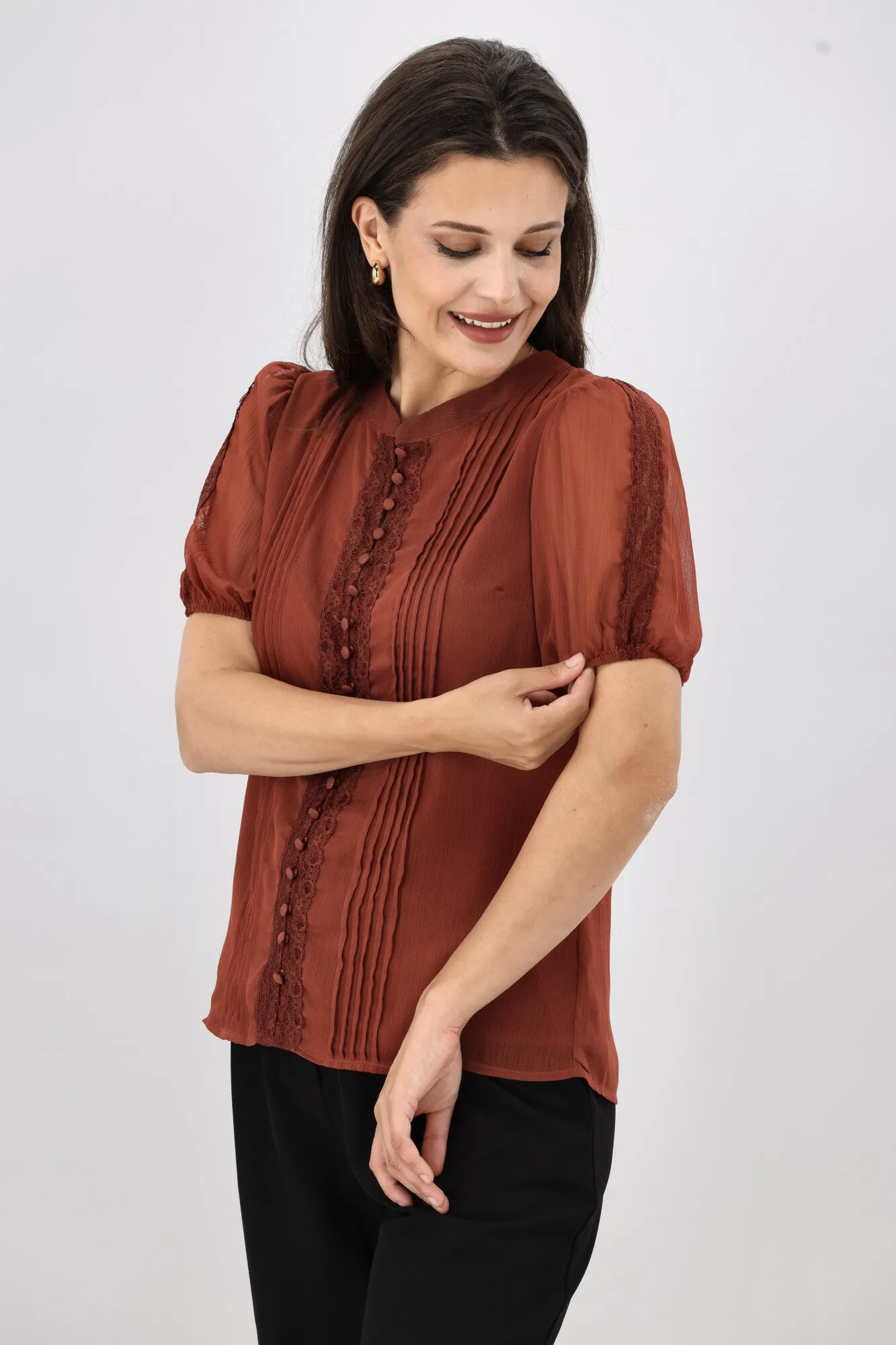 Gloss by Shine On Elin Lace Pin Tuck Blouse Coffee