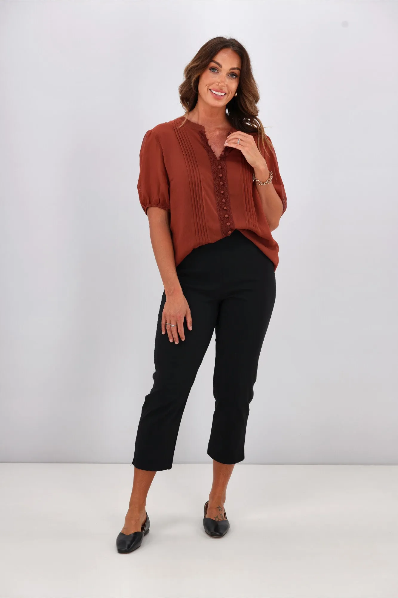 Gloss by Shine On Elin Lace Pin Tuck Blouse Coffee