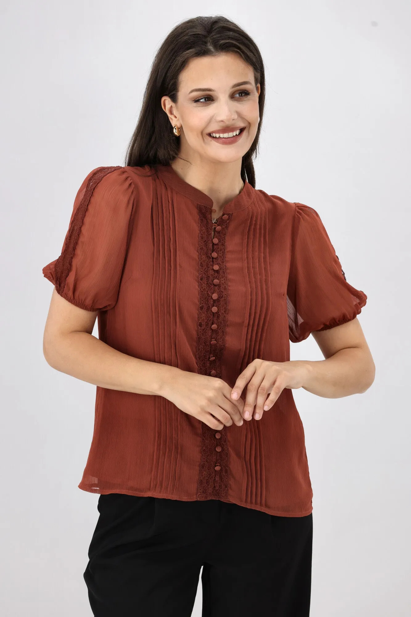 Gloss by Shine On Elin Lace Pin Tuck Blouse Coffee