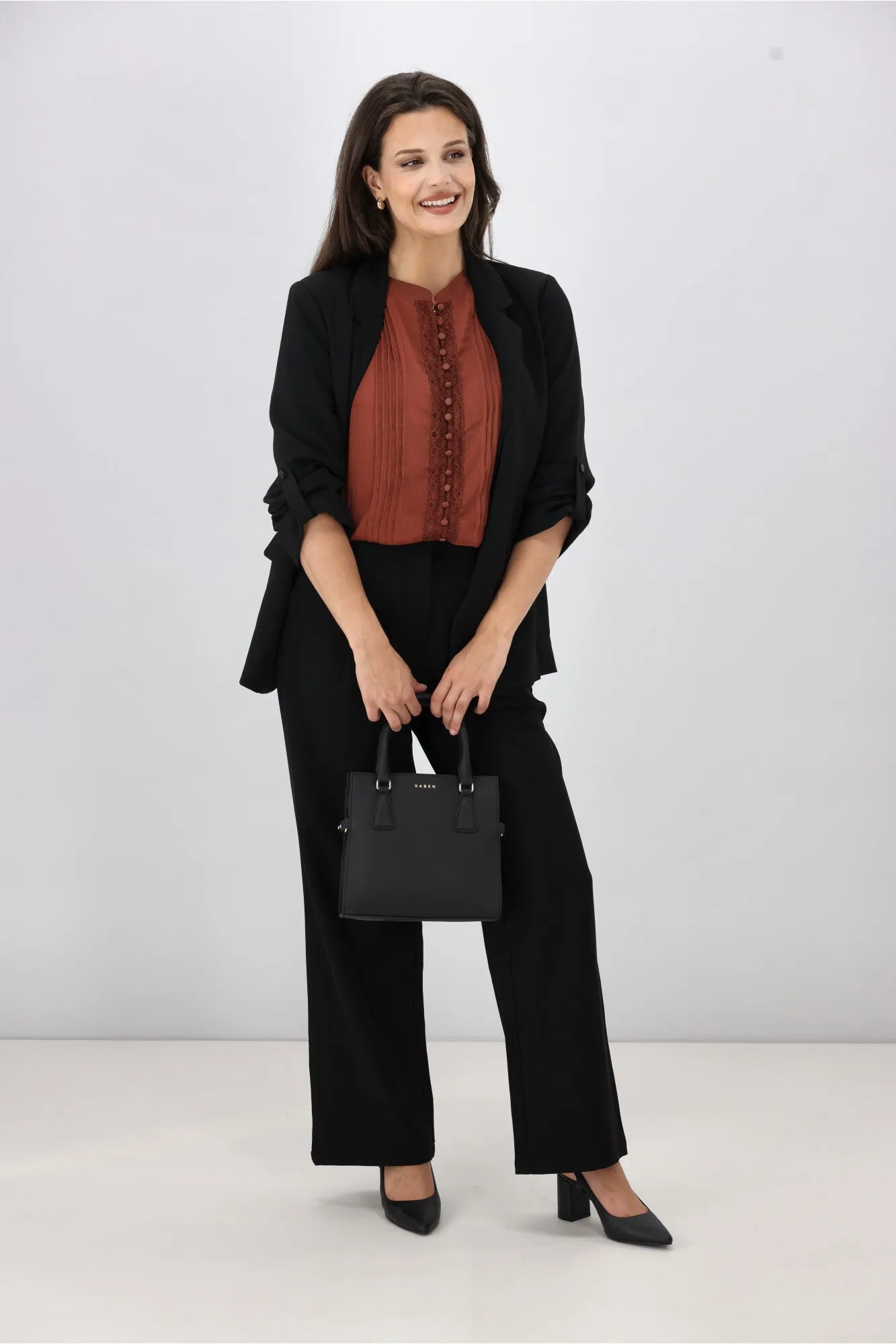 Gloss by Shine On Elin Lace Pin Tuck Blouse Coffee