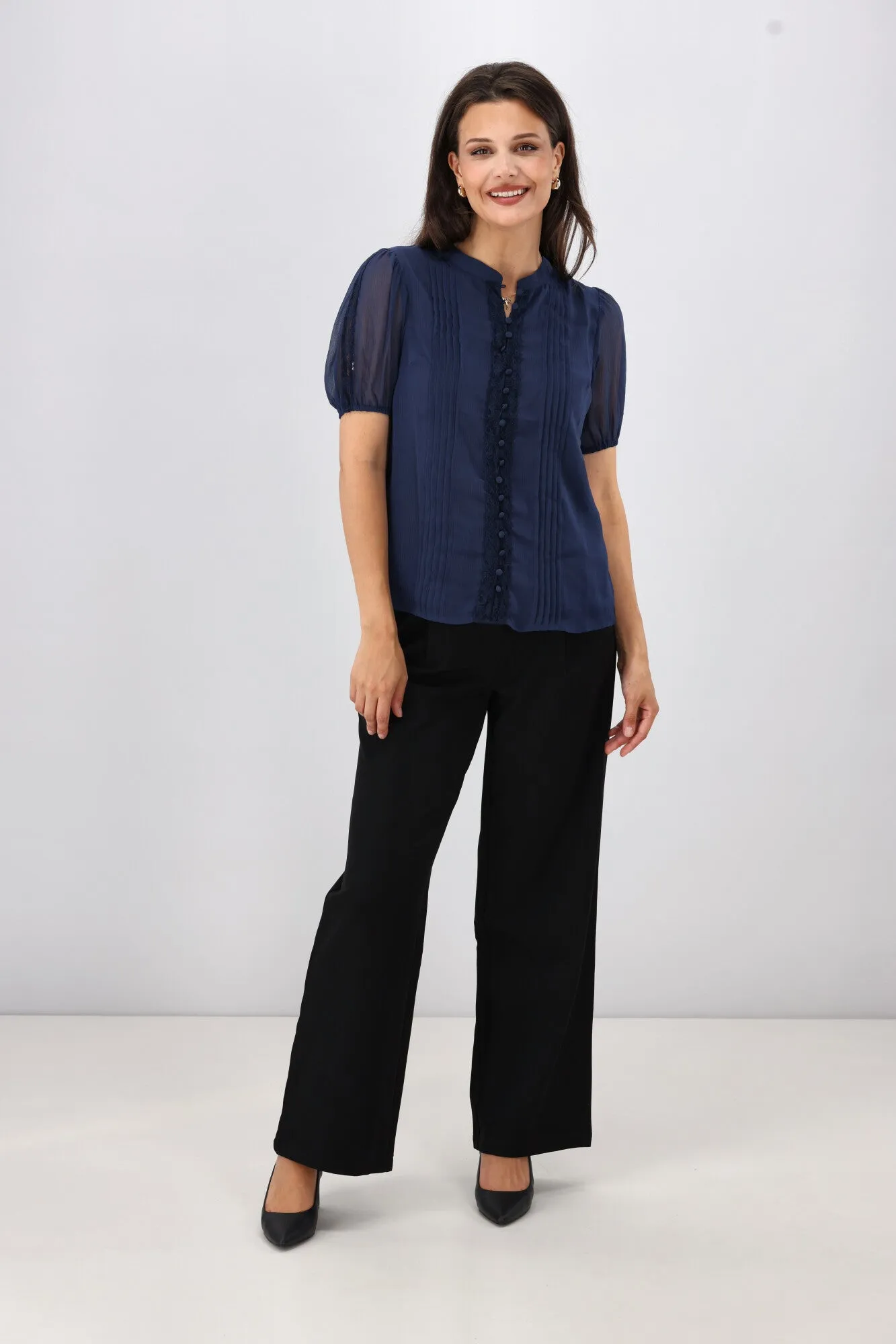 Gloss by Shine On Elin Lace Pin Tuck Blouse Midnight