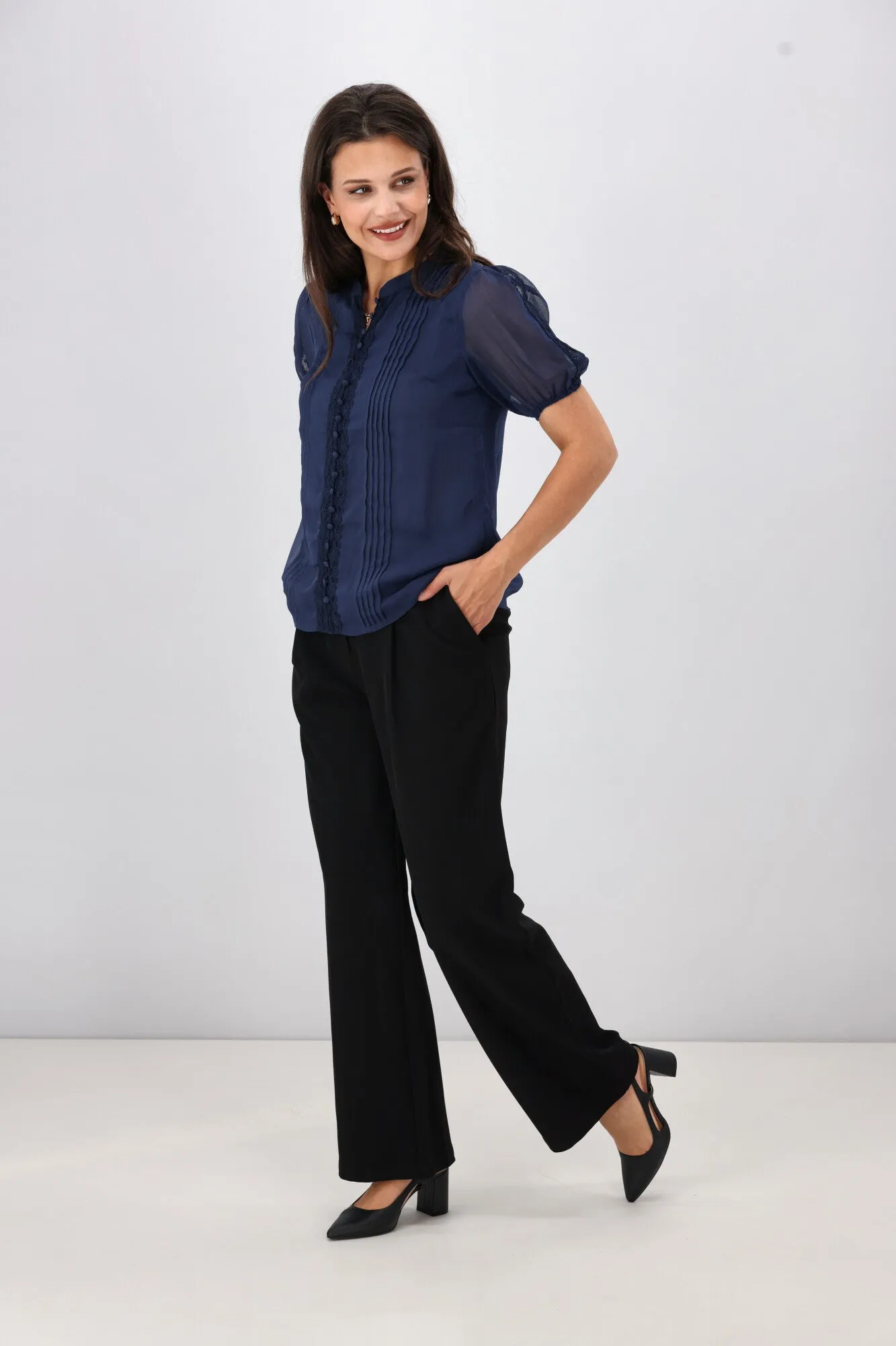 Gloss by Shine On Elin Lace Pin Tuck Blouse Midnight